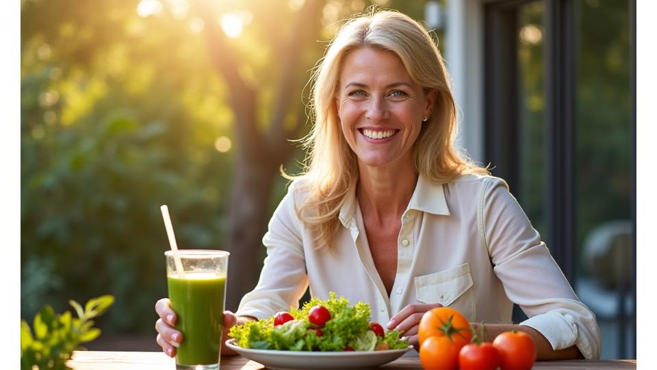O femeie zâmbind, savurând o salată proaspătă și un smoothie verde, ilustrând echilibrul nutritiv și vitalitatea