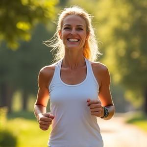 O femeie zâmbitoare, cu un aspect energic și sănătos, într-un cadru natural, după implementarea sfaturilor de wellness