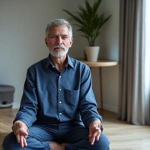 Un bărbat în jurul vârstei de 40-50 de ani, cu un aspect relaxat, meditând într-un spațiu ordonat și liniștit, simbolizând reducerea stresului