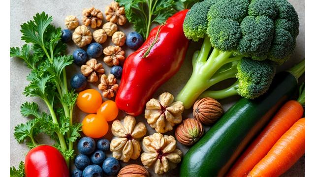Diverse legume proaspete și fructe de pădure aranjate artistic, reprezentând o dietă sănătoasă pentru microbiomul intestinal
