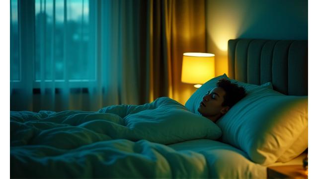 O persoană dormind adânc într-un pat confortabil, cu o lumină caldă, ilustrând odihna profundă și recuperarea