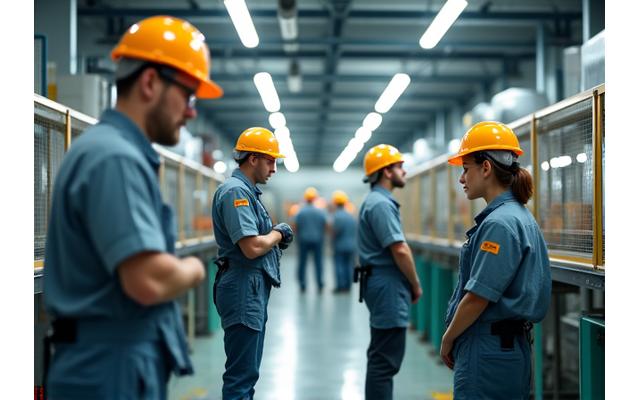 Angajați într-o fabrică din București într-un mediu sigur, evidențiind succesul Vitalis Meridiem în reducerea accidentelor și promovarea bunăstării fizice.