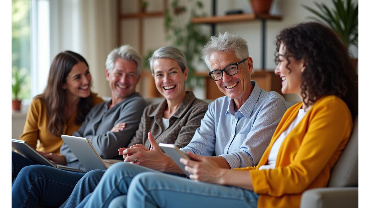Un grup de adulți zâmbitori, energici, de diverse vârste, angajați într-o discuție animată într-un spațiu modern, luminos, sugerând colaborare și susținere reciprocă în domeniul wellness.