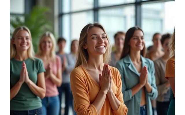 Echipa de birou zâmbitoare, participând la o sesiune de wellness cu un instructor