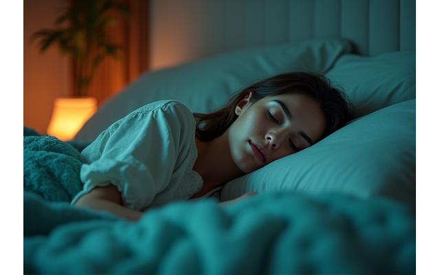 O persoană dormind adânc și confortabil, cu o lumină caldă, relaxantă