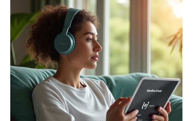 O persoană ascultă meditații ghidate cu căști, într-un mediu liniștit, simbolizând accesul la resurse audio.