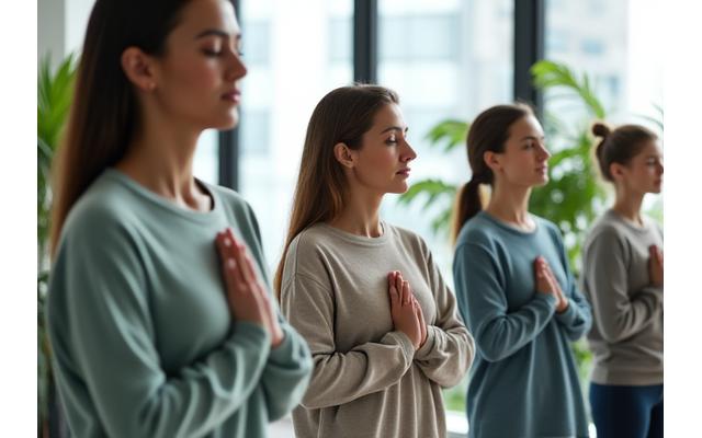 Un grup de profesioniști relaxați, participând la un workshop de wellness la birou, simbolizând soluții anti-stres în mediu corporate.