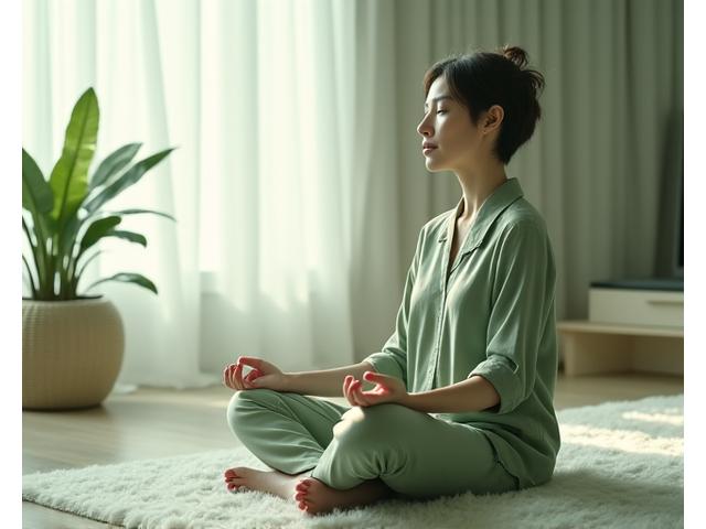 O persoană echilibrată, meditând într-un mediu calm, simbolizând prevenția stresului și liniștea interioară.