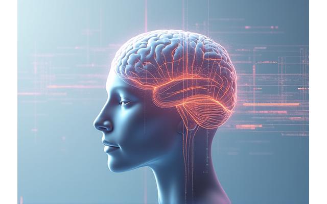 Ilustrație schematică a creierului uman cu zone activate de mindfulness și reducere a cortizolului.