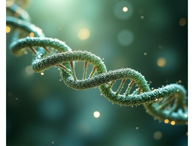 Vizualizare abstractă a unei helix ADN stilizate care se contopeste cu o ilustrație microscopică a microbiomului intestinal, sugerând interconexiunea științifică a nutriției personalizate.