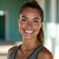 Imagine profesională a Anei Radu, o femeie activă, cu aspect fizic atletic, zâmbitoare, purtând echipament sportiv, într-un cadru luminos de sală de sport sau parc.