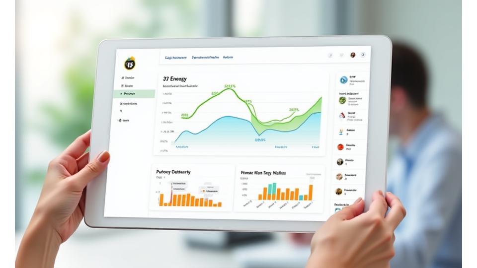 O interfață de bord digitală stilizată, afișând grafice și diagrame care prezintă îmbunătățiri ale biomarkerilor (energie, colesterol, vitamine) înainte și după intervenția nutrițională, cu elemente vizuale clare și culori vibrante.