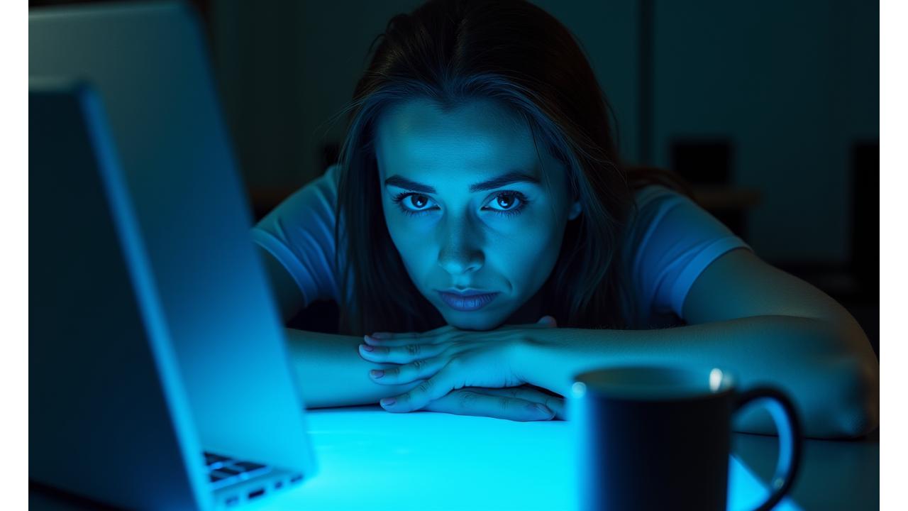 O femeie tânără cu vârsta de peste 35 de ani, cu o expresie obosită, se sprijină pe un birou la prima oră a dimineții, iluminată de lumina albastră a ecranului. O cafea rece stă lângă ea. Semnul 'Oboseală cronică'.