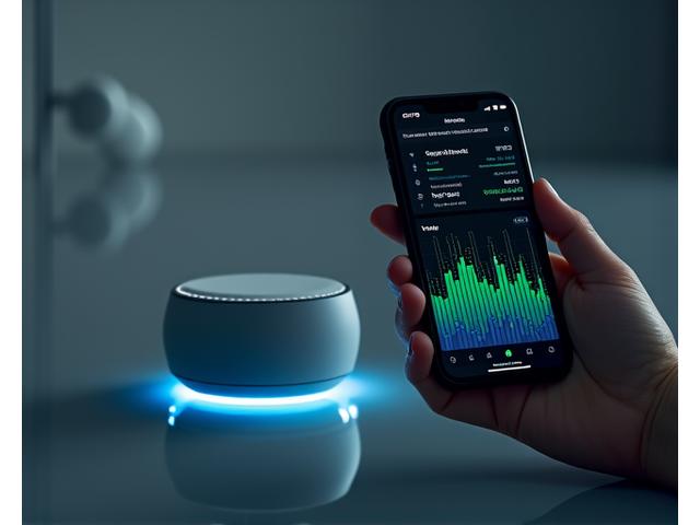 O imagine a unui monitor elegant de somn pe noptieră, conectat la o aplicație pe un smartphone care afișează grafice și date despre ciclurile de somn, ritmul cardiac și calitatea aerului. Culorile sunt futuriste, cu albastru și verde neon pe fundal întunecat.