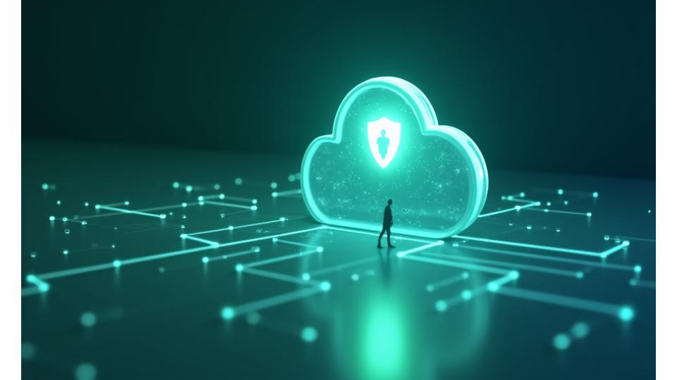 Ilustrație abstractă a fluxului de date securizate de la un utilizator către o platformă cloud, cu un scut de protecție vizibil.