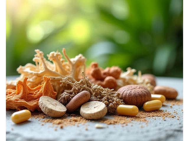 Plante adaptogene, cum ar fi ashwagandha și rhodiola, alături de capsule, într-un decor natural, liniștitor.