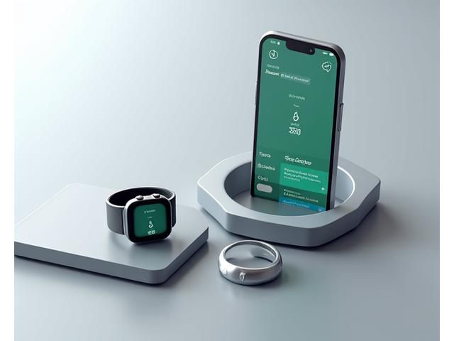 Ceas inteligent, inel de monitorizare fitness și un telefon care afișează date de sănătate, ilustrând tehnologie wellness.