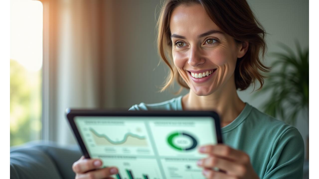 O femeie zâmbitoare, de aproximativ 40 de ani, navigând pe o tabletă cu pictograme de produse wellness și grafice de progres