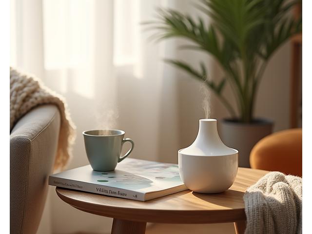 Un difuzor de aromaterapie, o carte despre wellness și o cană de ceai într-un spațiu de locuit confortabil.