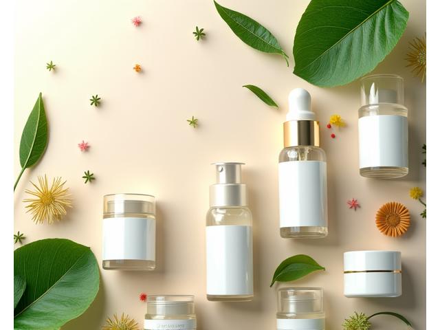 Produse de skincare naturale, ambalate elegant, cu ingrediente proaspete, cum ar fi plante și ierburi.
