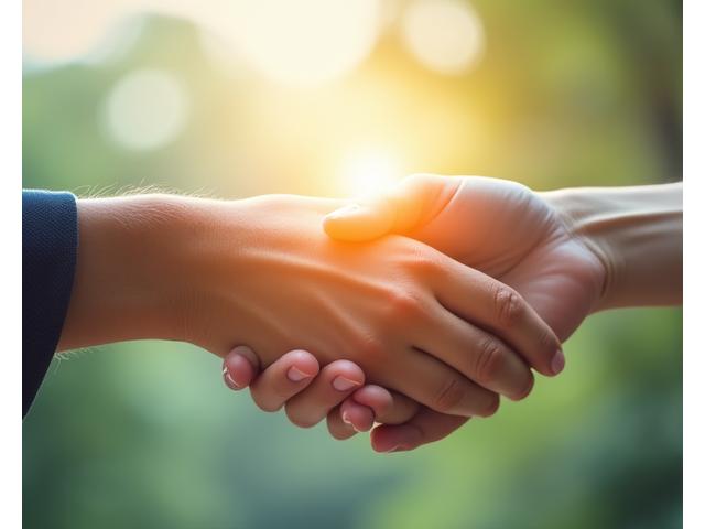 Două mâini strânse, cu un simbol de acord sau soluționare în fundal, reprezentând medierea și rezolvarea disputelor amiabile.
