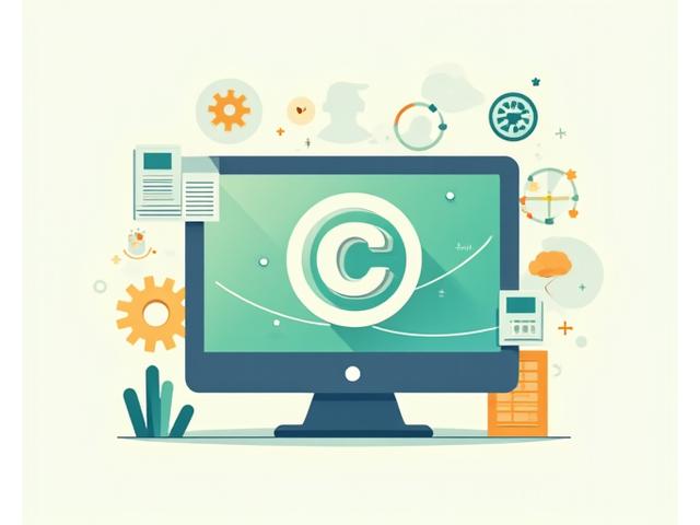 O stilizare a unui ecran de computer cu un simbol de copyright și documente, reprezentând protecția proprietății intelectuale.