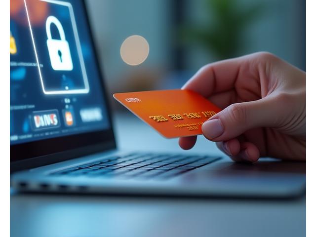 O mână care ține un card de credit deasupra unui laptop deschis, cu simboluri de procesare securizată a plăților.
